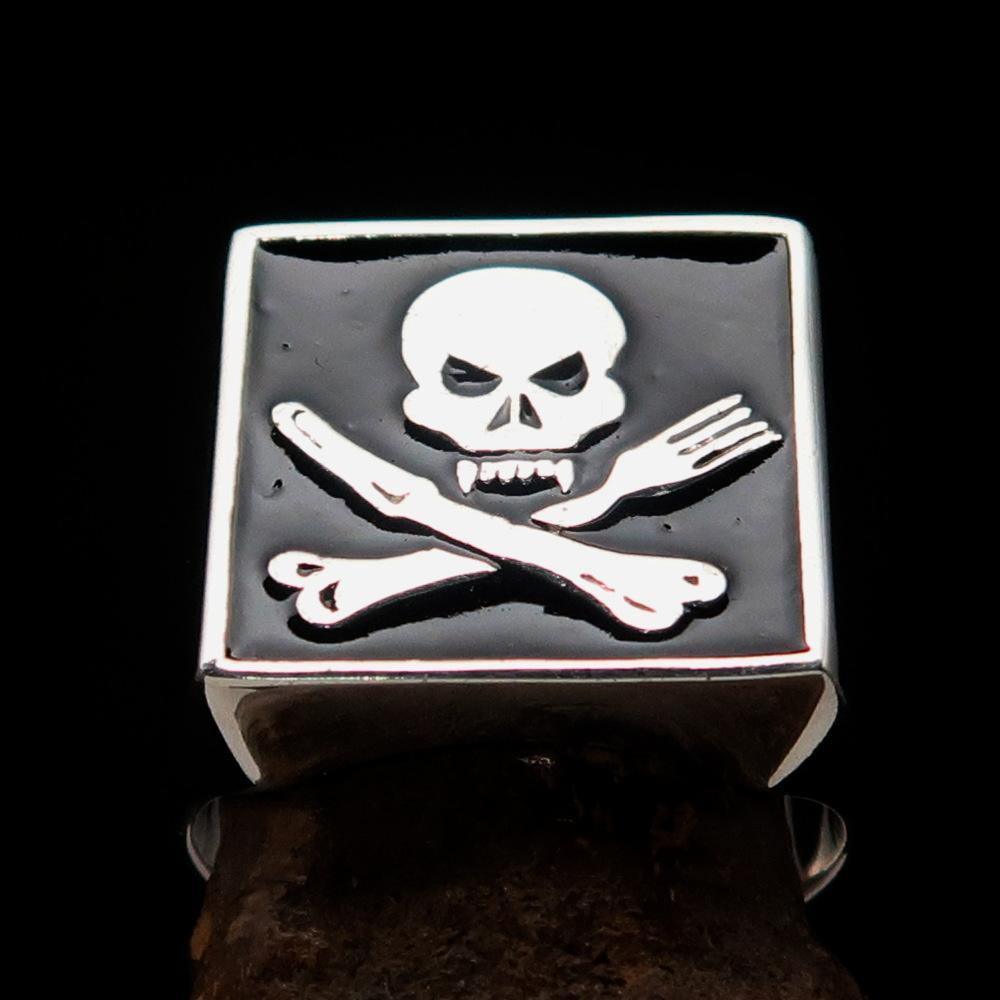 Perfectly crafted Men's Chef Skull Ring Crossed Fork Knife Black - Sterling Silver
