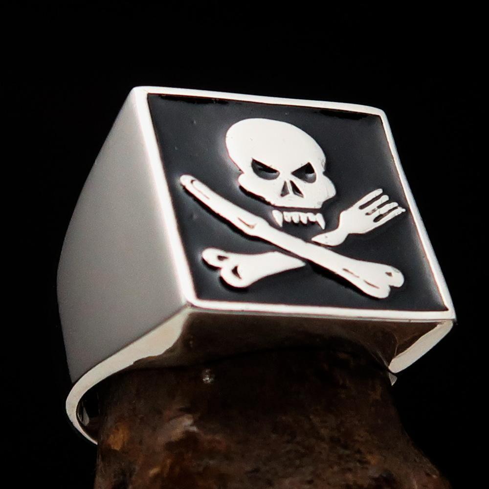 Perfectly crafted Men's Chef Skull Ring Crossed Fork Knife Black - Sterling Silver