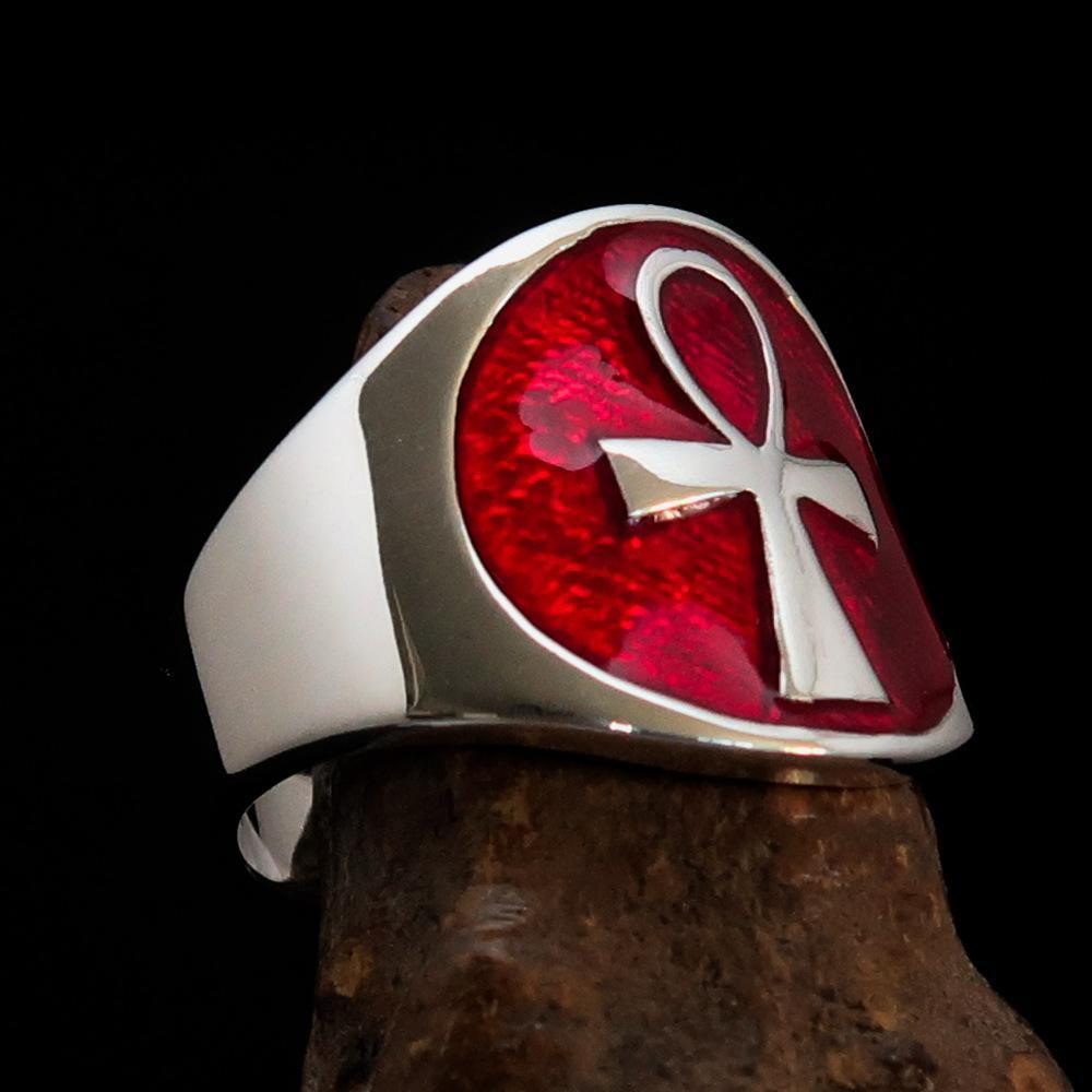 Excellent crafted Men's big red Egyptian Ankh Cross Ring - Sterling Silver