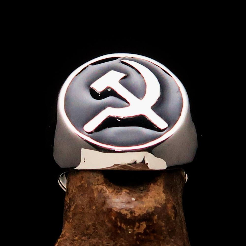 Excellent crafted Men's Socialist Ring Hammer Sickle Black - Sterling Silver