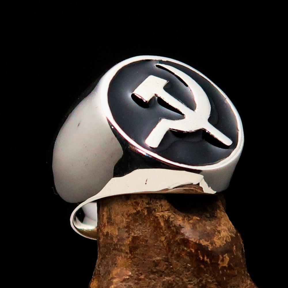 Excellent crafted Men's Socialist Ring Hammer Sickle Black - Sterling Silver