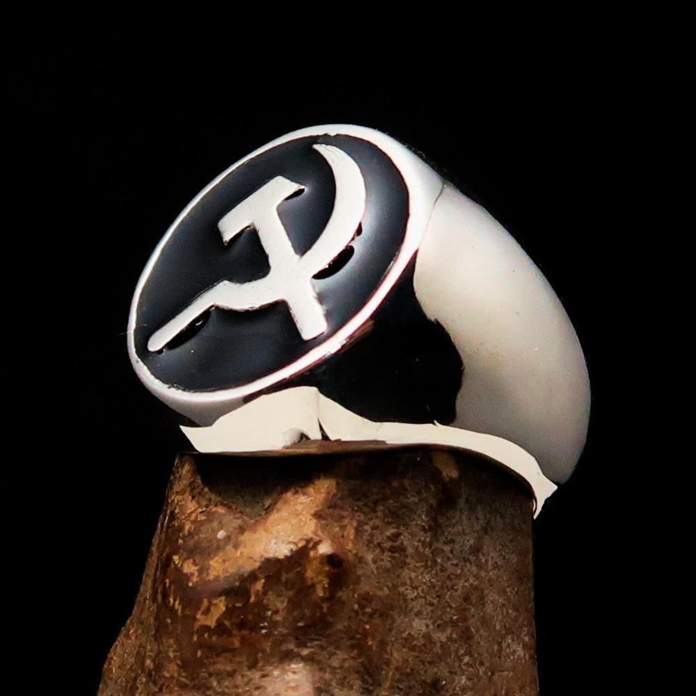 Excellent crafted Men's Socialist Ring Hammer Sickle Black - Sterling Silver