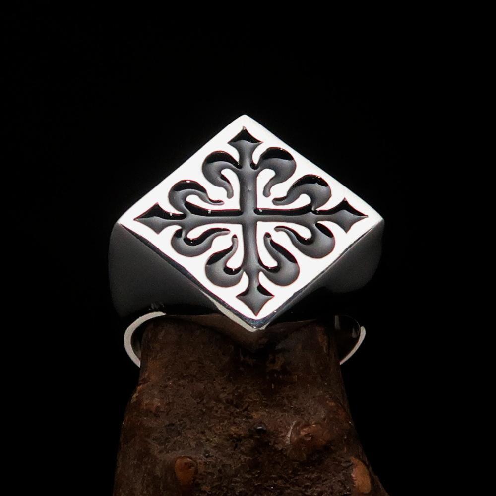 Excellent crafted Men's Black Fleur de Lis Cross Ring - Sterling Silver