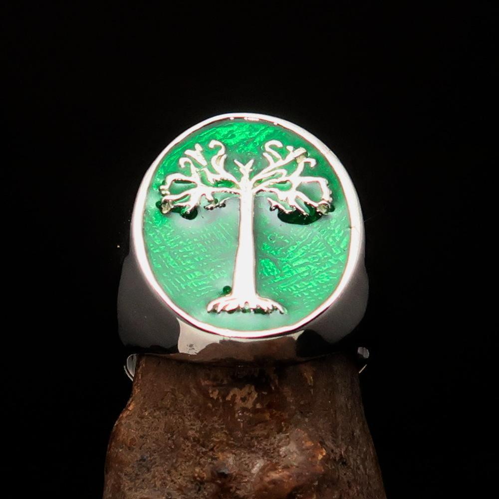 Excellent crafted Men's green oval Tree of Life Ring - Sterling Silver
