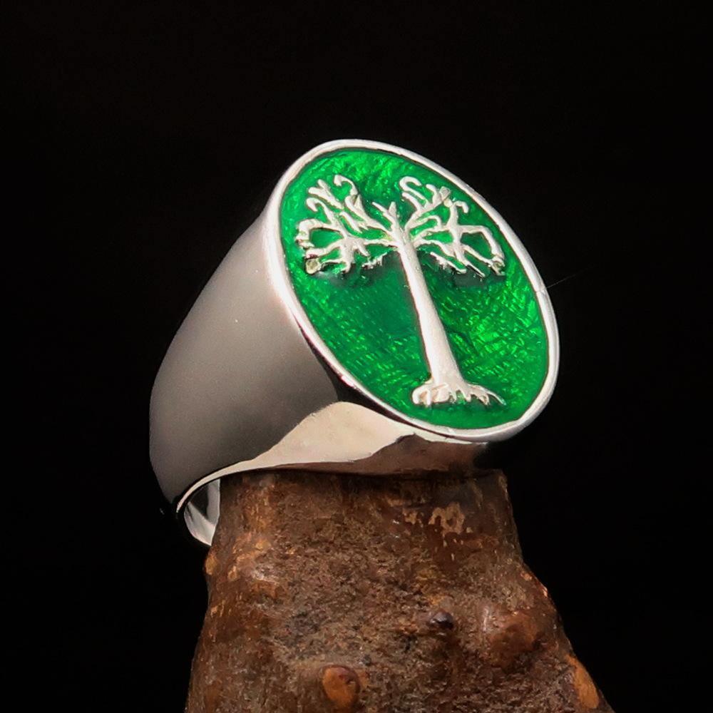 Excellent crafted Men's green oval Tree of Life Ring - Sterling Silver