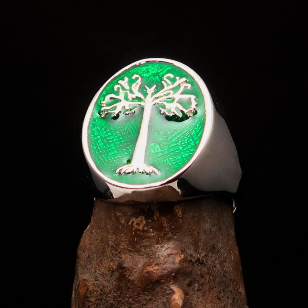 Excellent crafted Men's green oval Tree of Life Ring - Sterling Silver