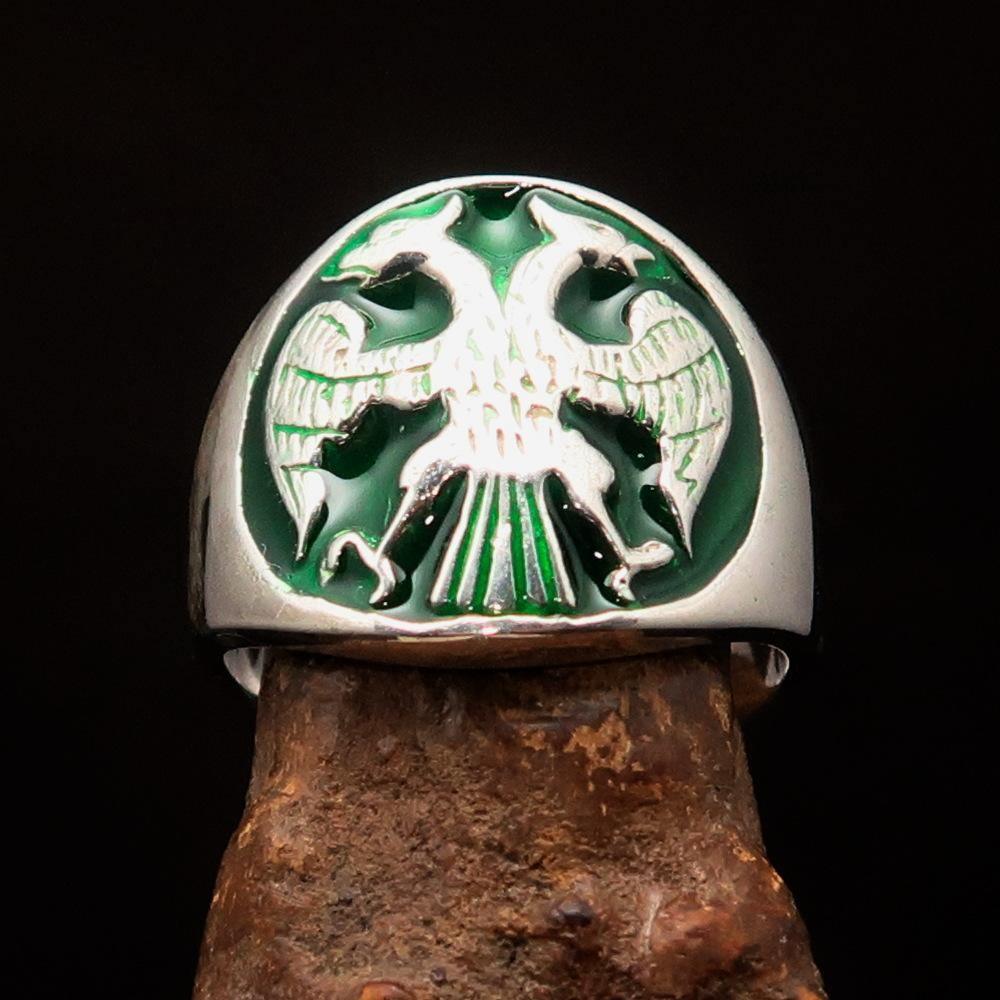Excellent crafted ancient Men's Twin Head Eagle Ring Green - Sterling Silver