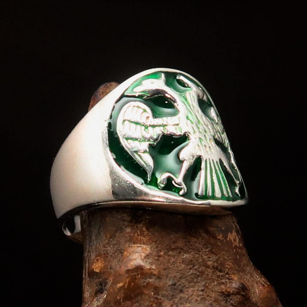 Excellent crafted ancient Men's Twin Head Eagle Ring Green - Sterling Silver