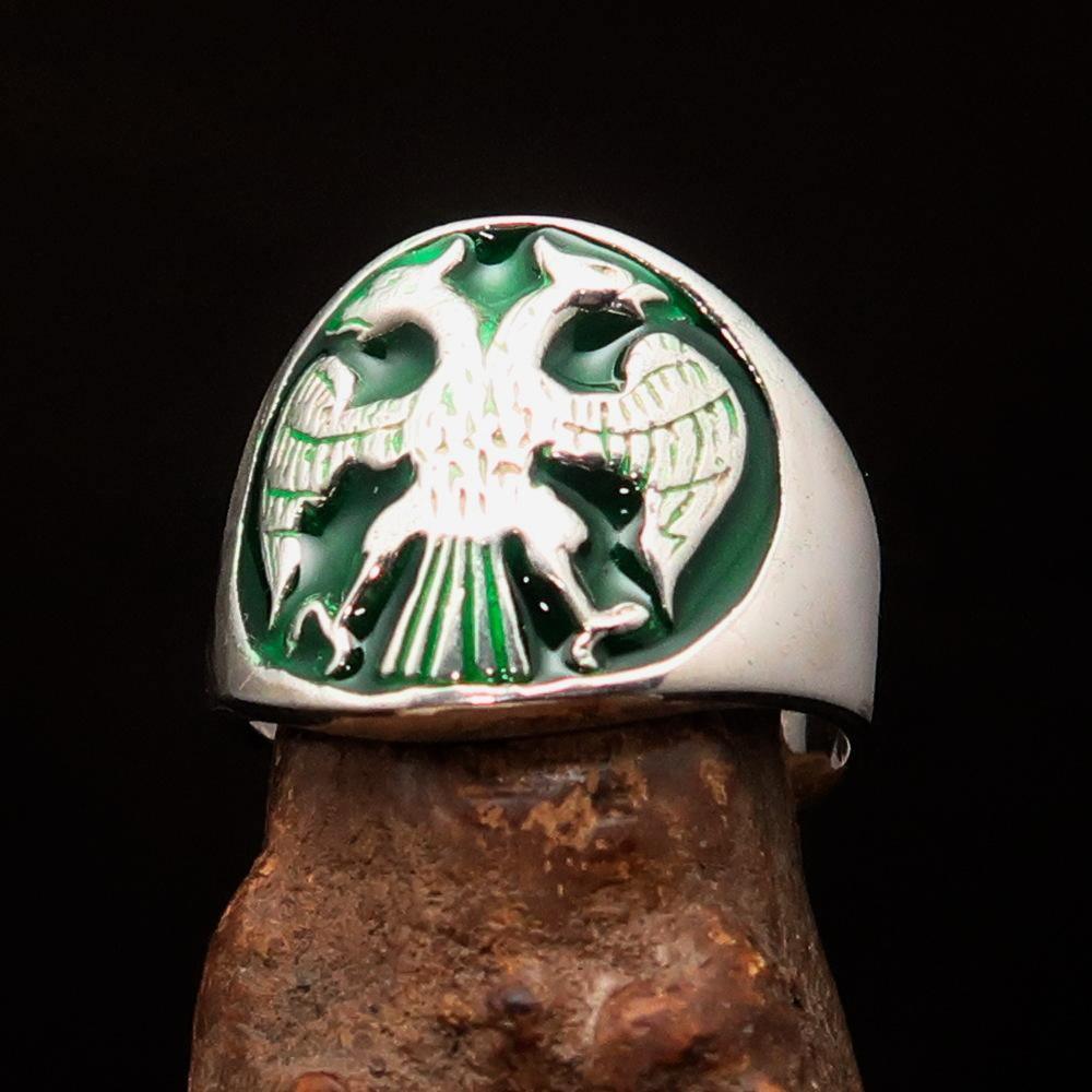 Excellent crafted ancient Men's Twin Head Eagle Ring Green - Sterling Silver