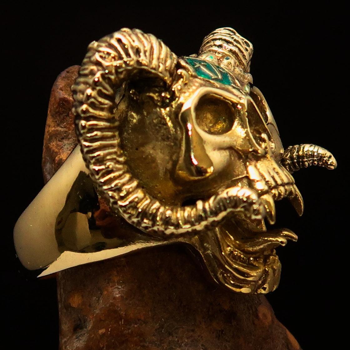 Excellent crafted Men's green 1% Ram Skull Outlaw Biker Ring - Solid Brass