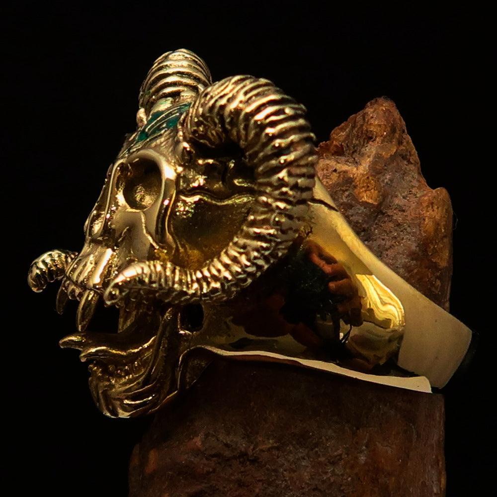 Excellent crafted Men's green 1% Ram Skull Outlaw Biker Ring - Solid Brass