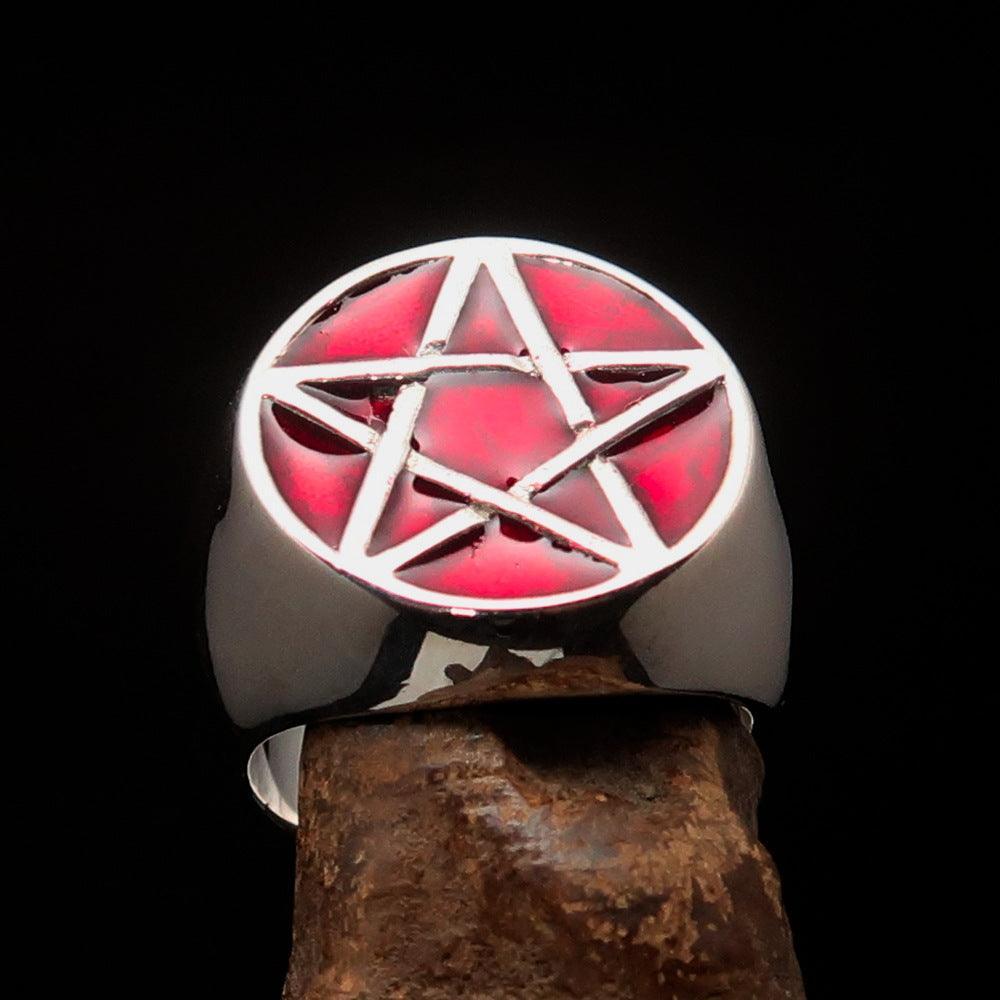 Excellent crafted Men's Wiccan Pinky Ring red Celtic Pentagram - Sterling Silver