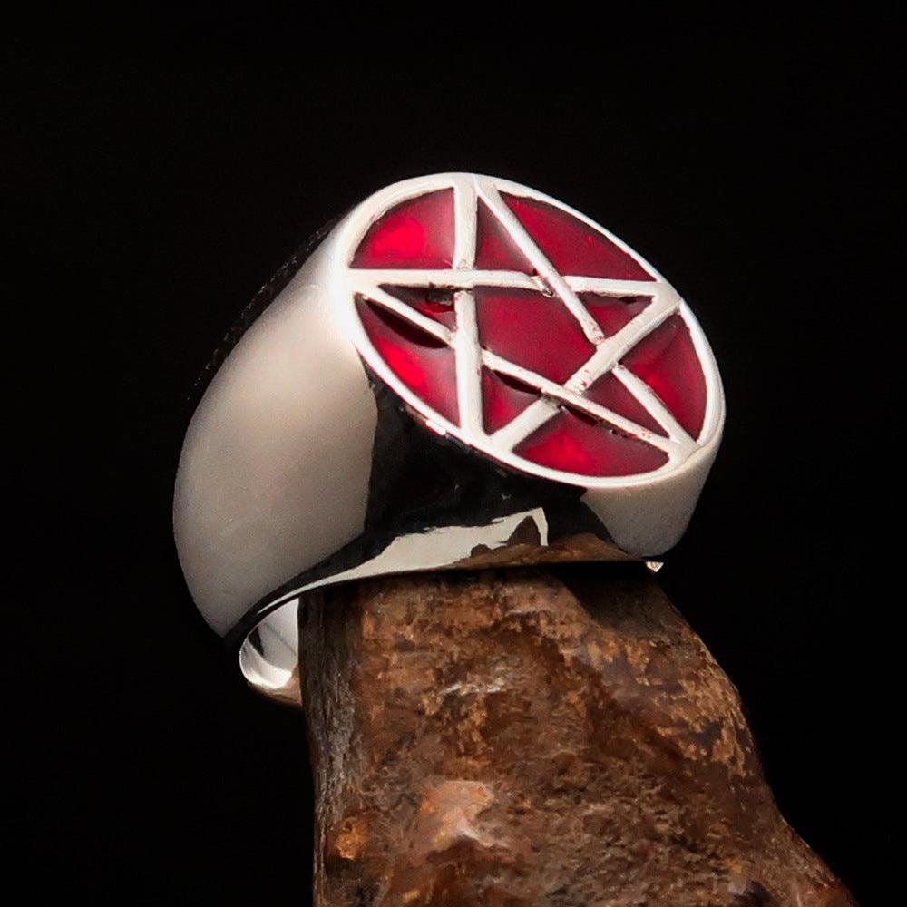 Excellent crafted Men's Wiccan Pinky Ring red Celtic Pentagram - Sterling Silver