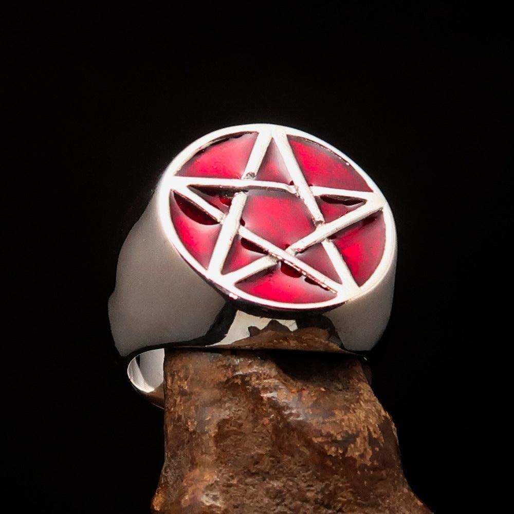 Excellent crafted Men's Wiccan Pinky Ring red Celtic Pentagram - Sterling Silver
