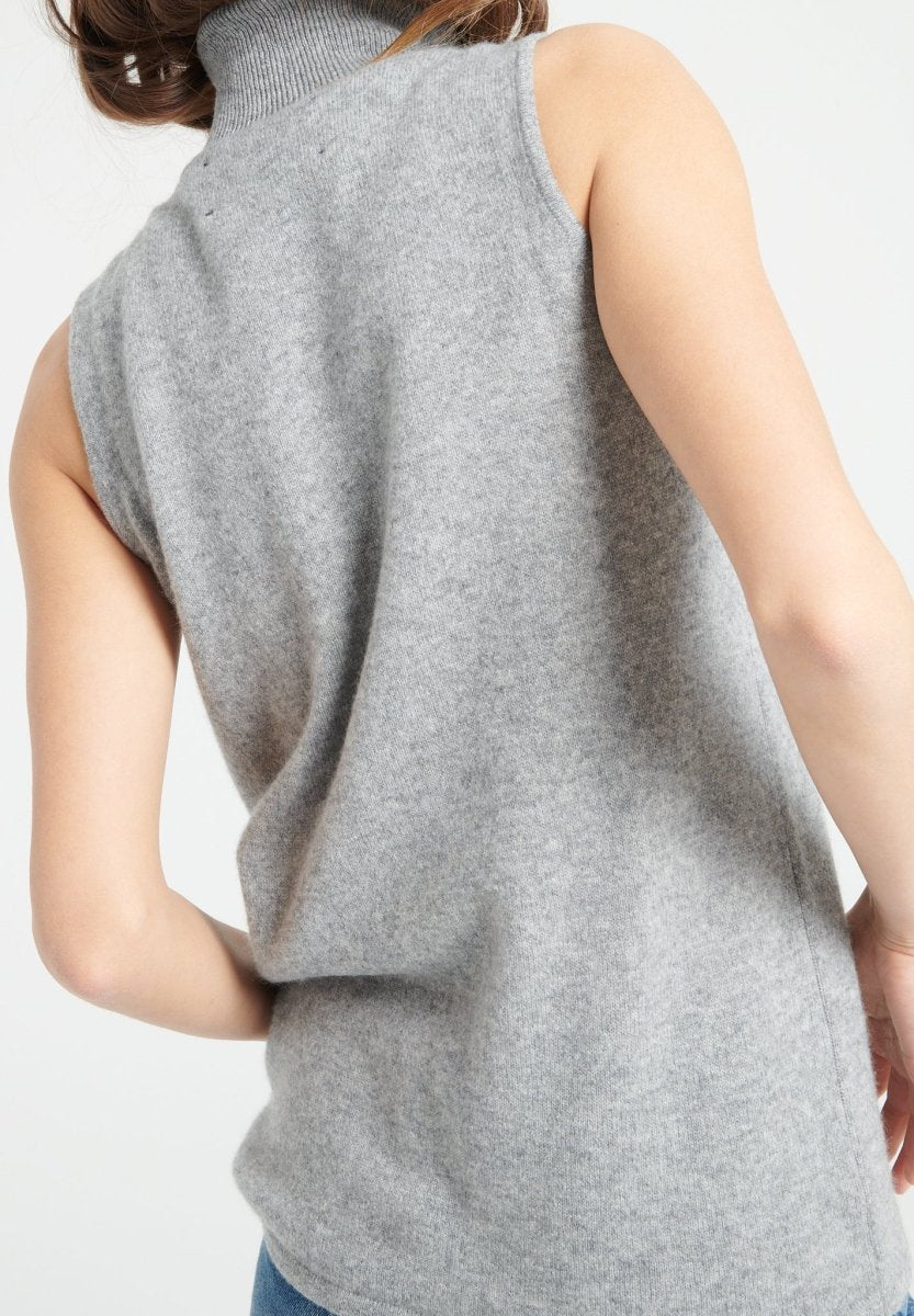 Pull col roulé sans manches cachemire gris clair femme - LILLY 13