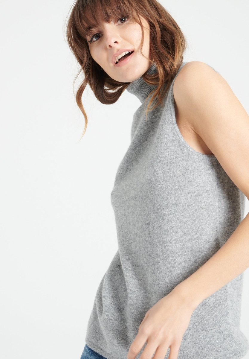 Pull col roulé sans manches cachemire gris clair femme - LILLY 13