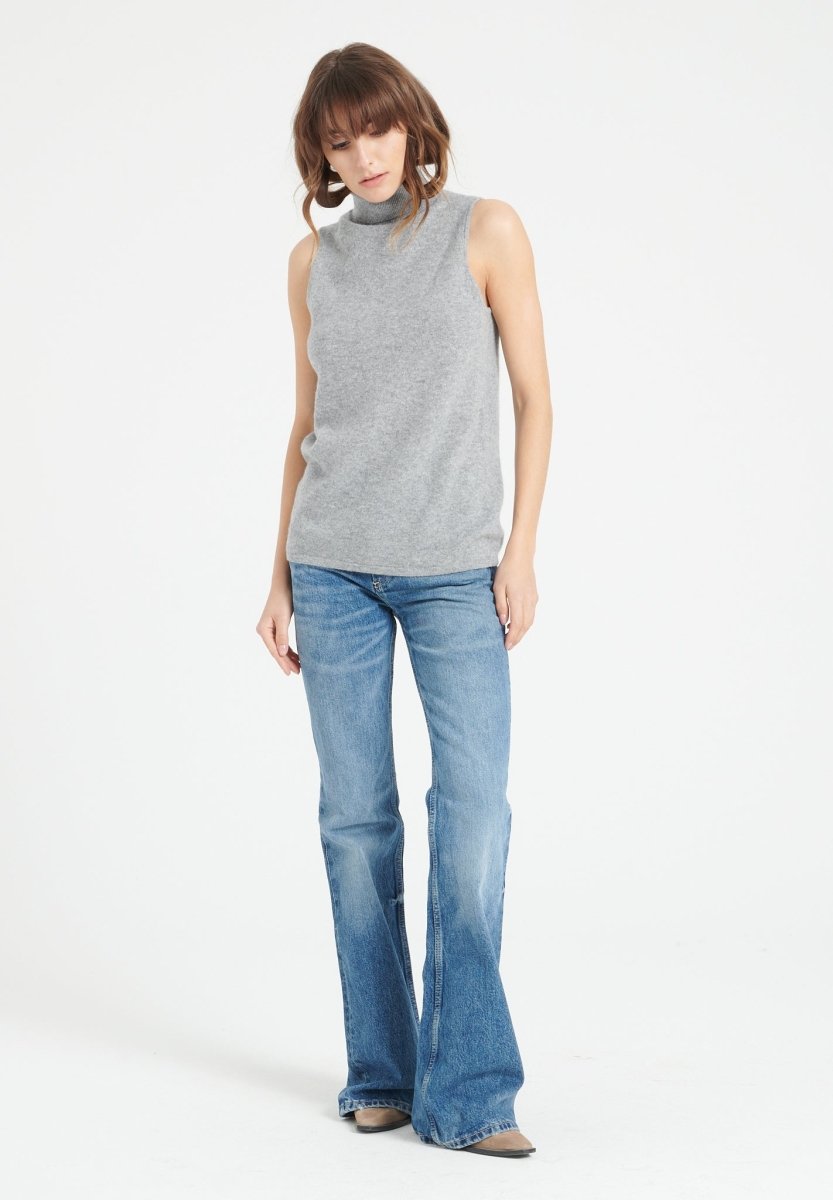 Pull col roulé sans manches cachemire gris clair femme - LILLY 13