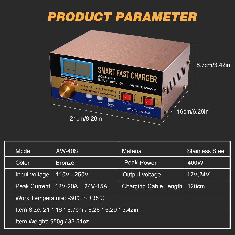 Intelligent Automatic Battery Charger 12V/24VReconditioner Pulse Repair with Digital Display for Car Cell Motorcycle AGM Battery