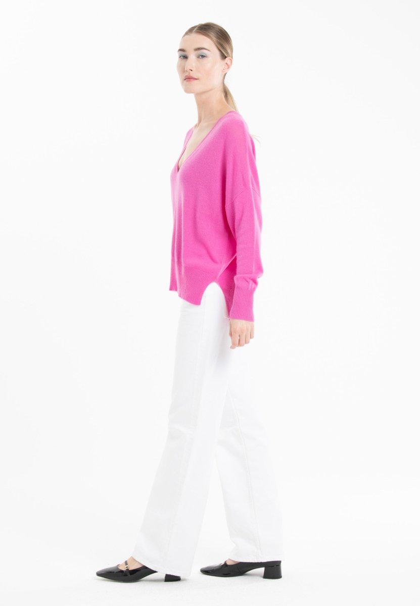 Pull col V cachemire rose barbie femme - RIA 3