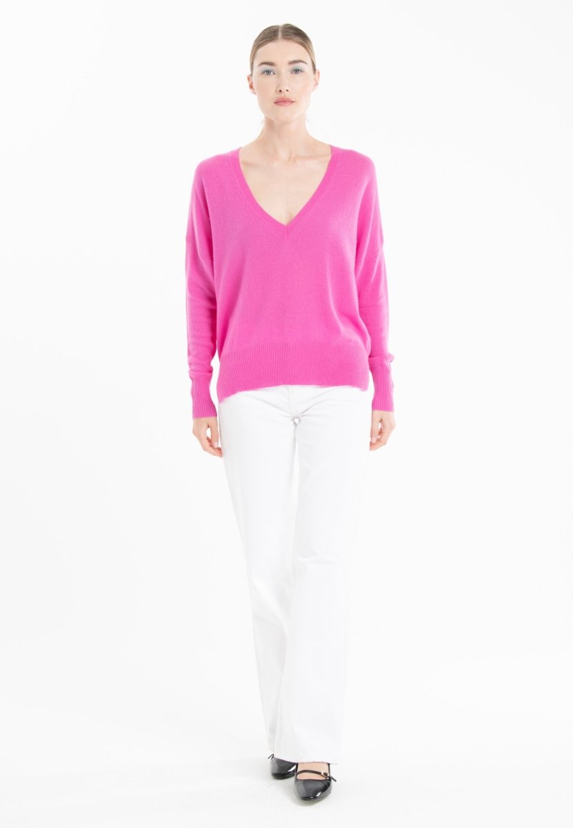 Pull col V cachemire rose barbie femme - RIA 3