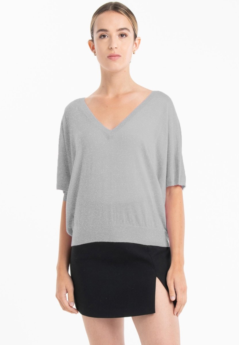 Pull col V manches chauve souris ultrafin cachemire et laine gris femme - KELLY 6